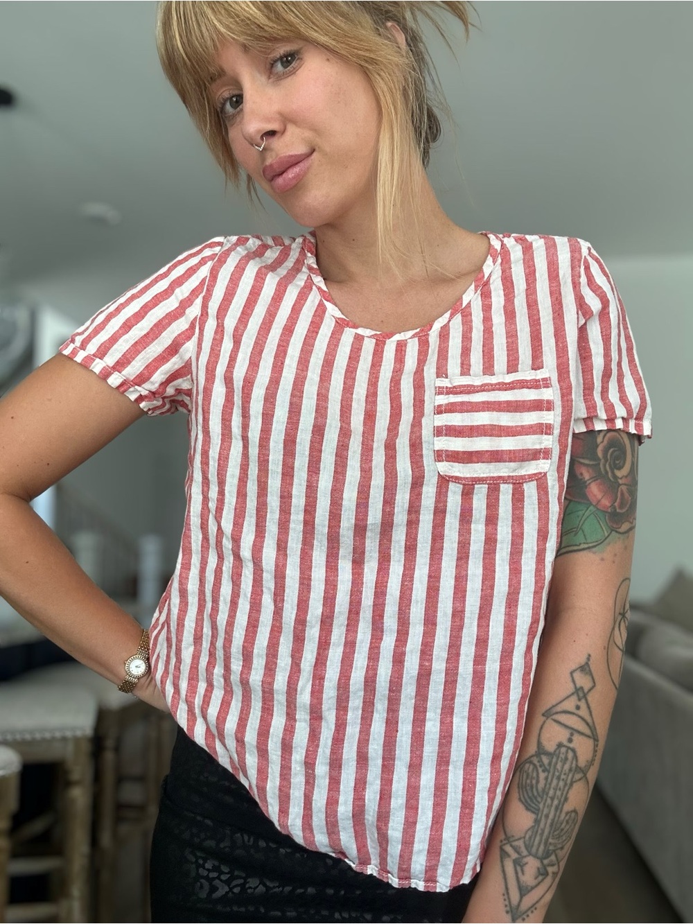 Christian Siriano Red & White Striped Pocket Tee